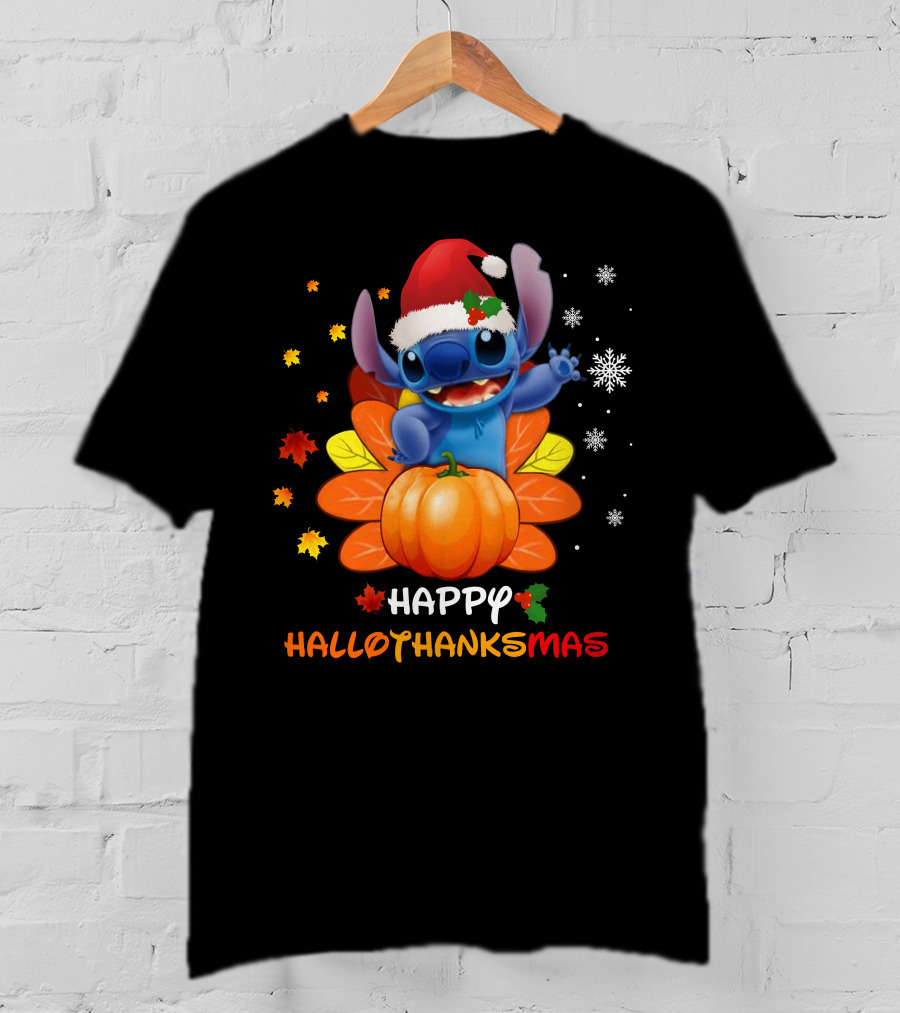 Happy HalloThanksMas Stitch Pumpkin Santa Hat Snowflakes Leaves T-Shirt