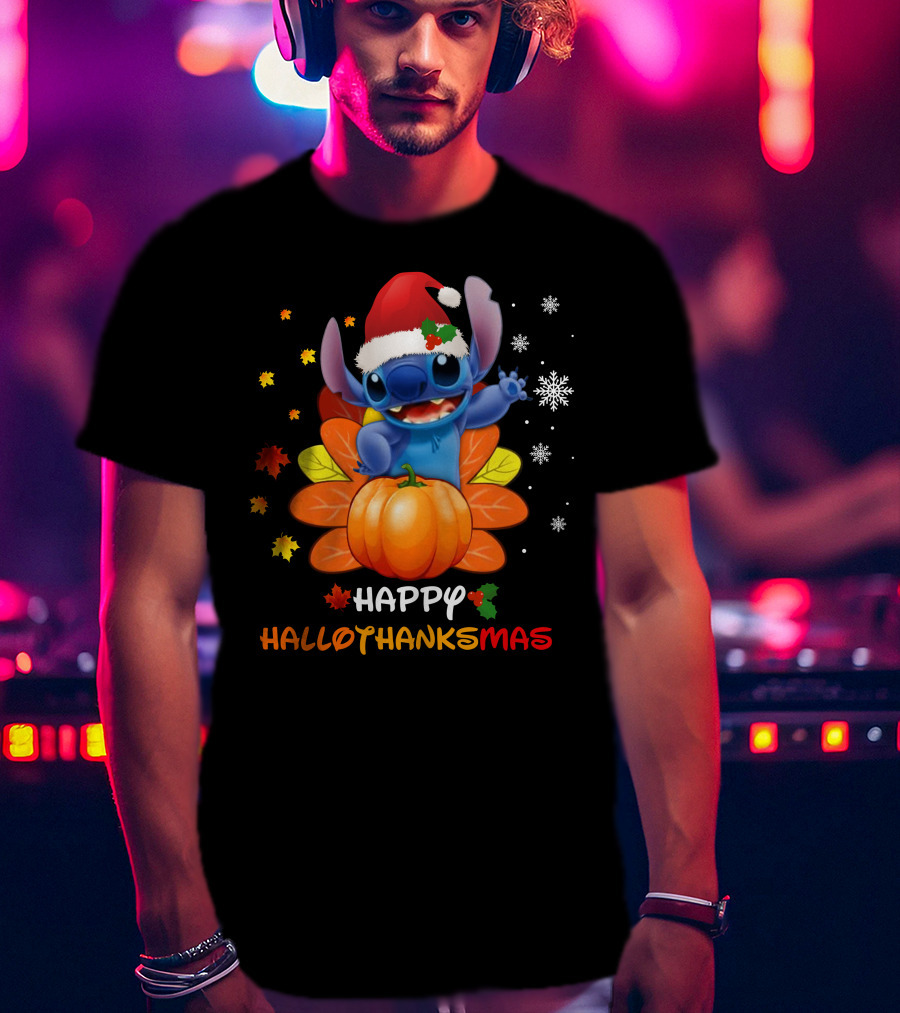 Happy HalloThanksMas Stitch Pumpkin Santa Hat Snowflakes Leaves T-Shirt