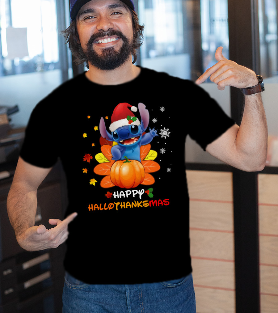 Happy HalloThanksMas Stitch Pumpkin Santa Hat Snowflakes Leaves T-Shirt