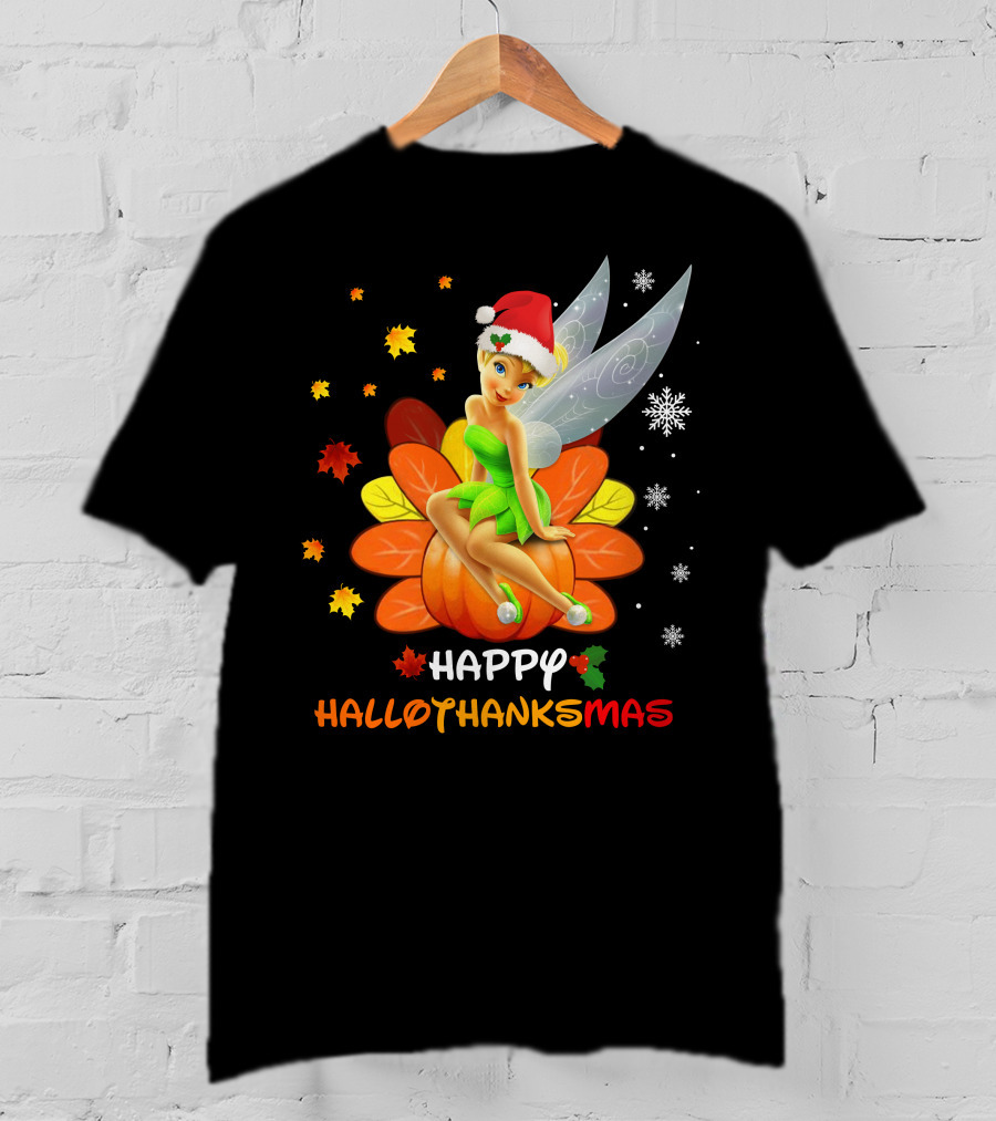 Tinkerbell Happy HalloThanksMas Pumpkin Santa Hat Snowflakes T-Shirt