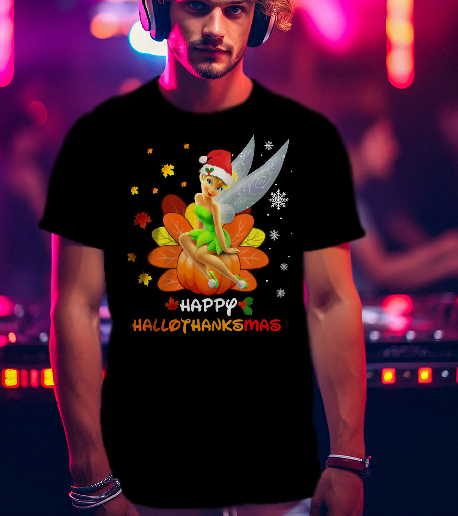 Tinkerbell Happy HalloThanksMas Pumpkin Santa Hat Snowflakes T-Shirt