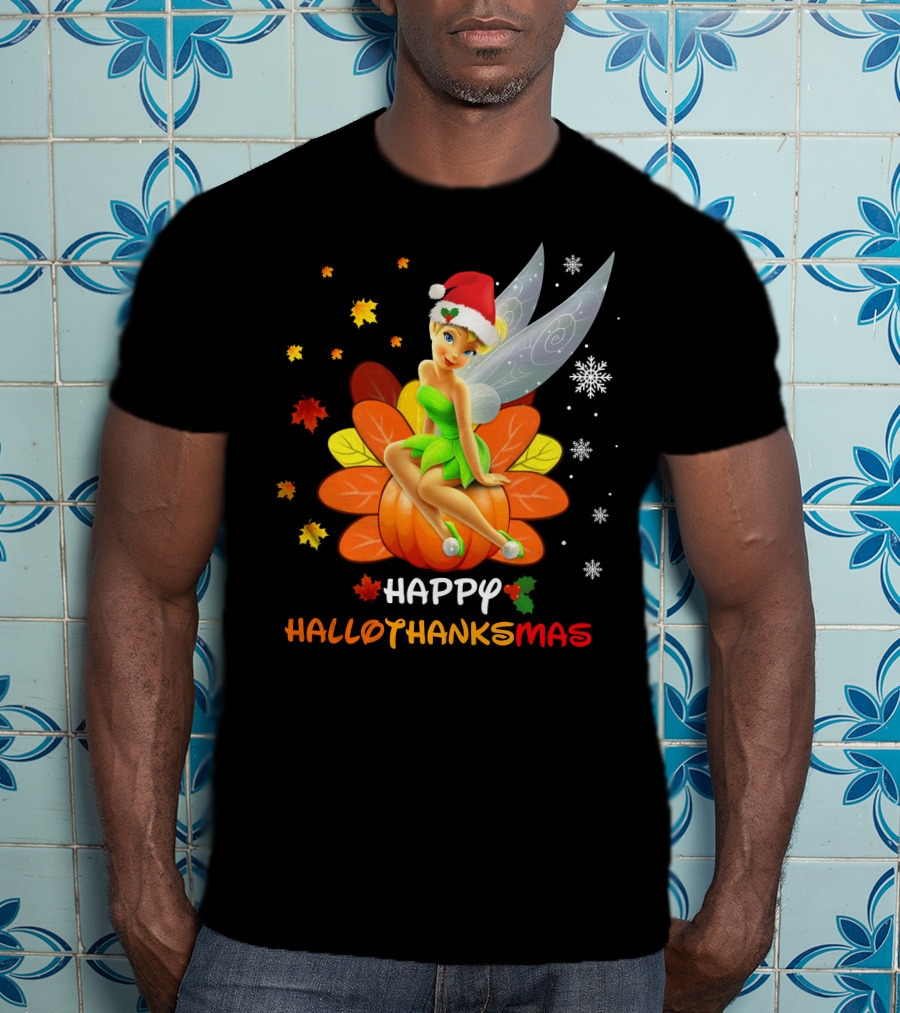Tinkerbell Happy HalloThanksMas Pumpkin Santa Hat Snowflakes T-Shirt
