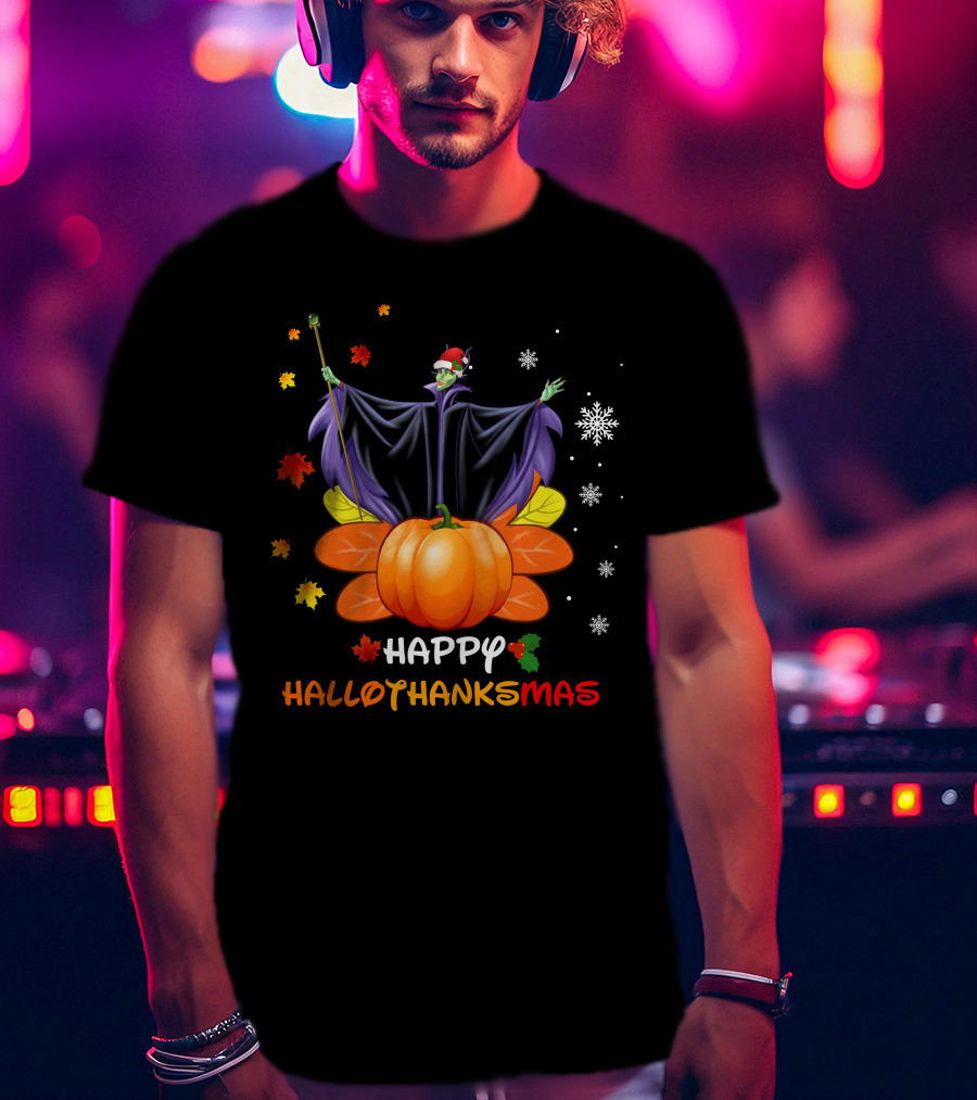 Happy Hallothanksmas Maleficent With Pumpkin And Santa Hat T-Shirt
