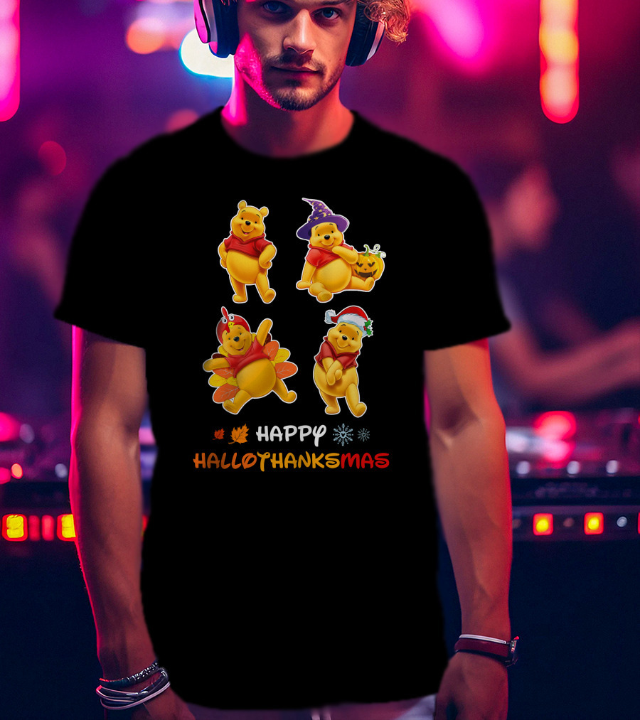 Happy Halloween Thanksgiving Christmas Pooh многопраздничная радость T-Shirt