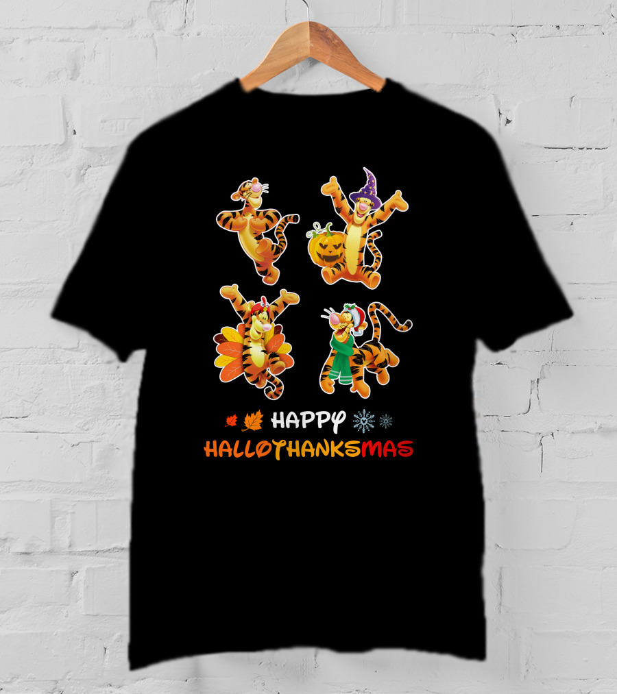 Happy Hallothanksmas Tigger Variations With Pumpkin Turkey And Holiday Outfits T-Shirt