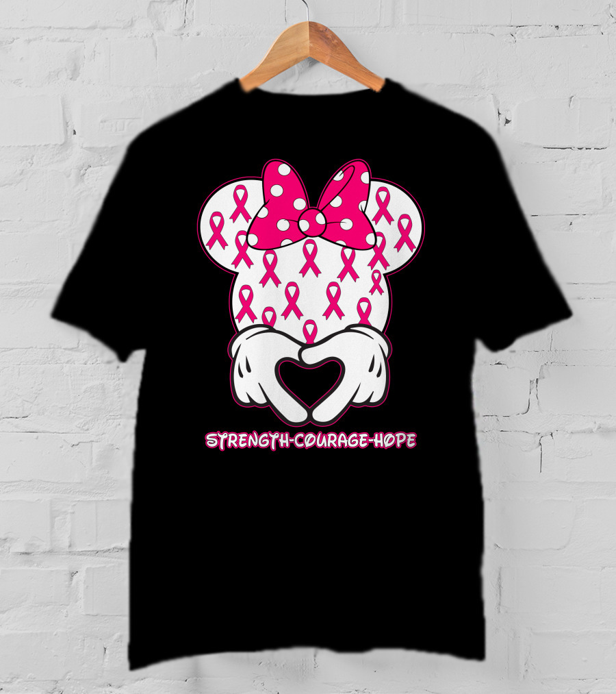 Strength Courage Hope Pink Ribbon Minnie Ears Hands Heart T-Shirt