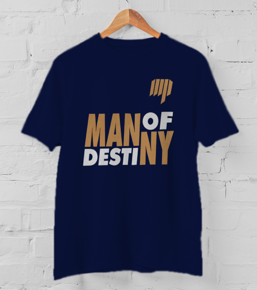 Man Of Destiny Blue And Gold Text With Vertical Stripe T-Shirt