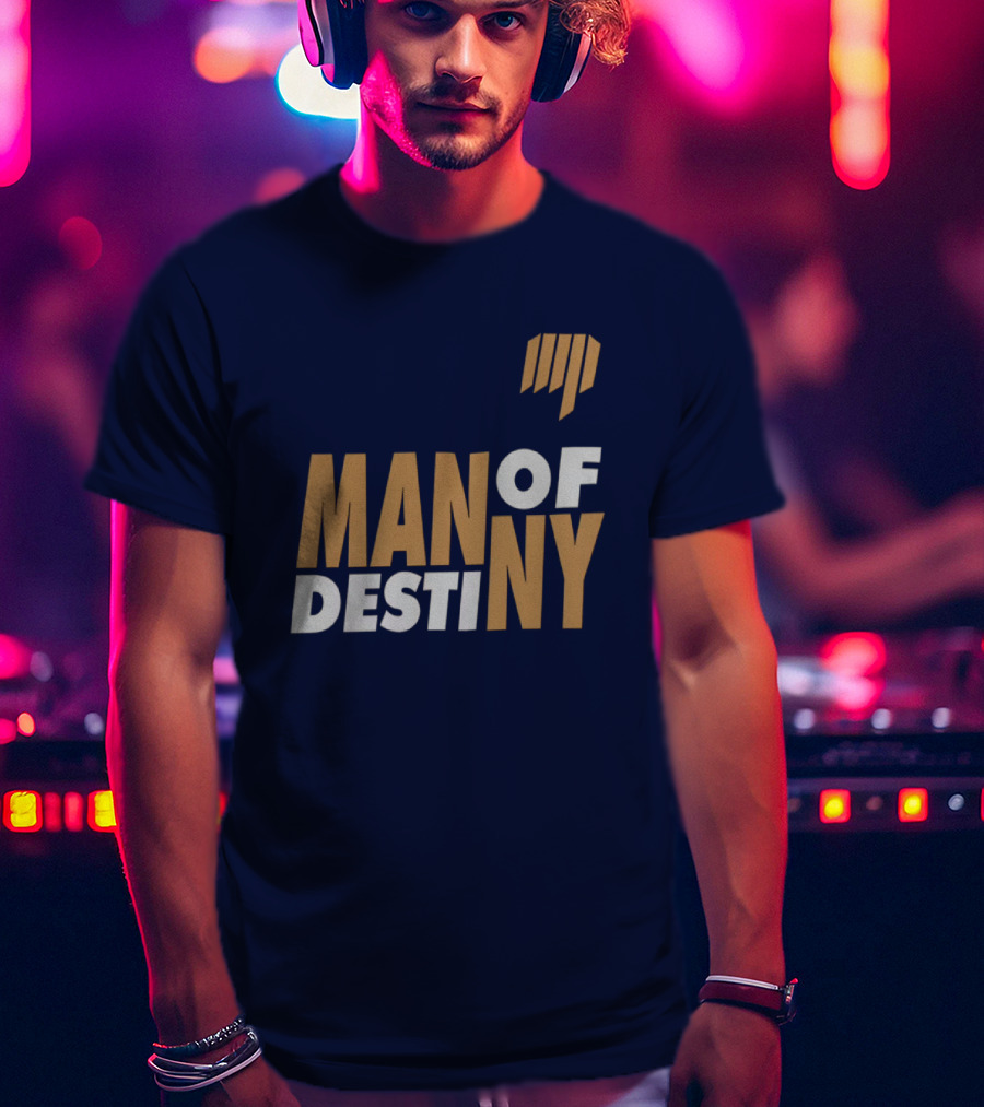 Man Of Destiny Blue And Gold Text With Vertical Stripe T-Shirt