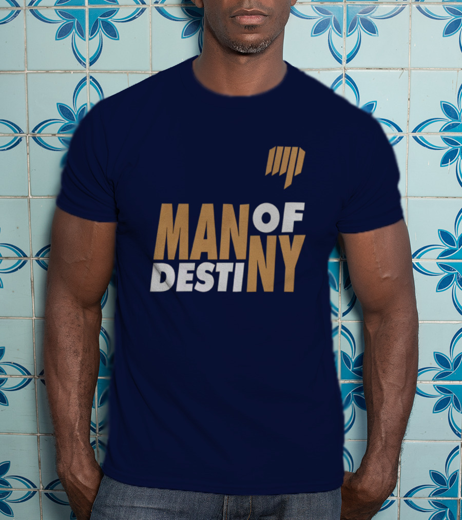 Man Of Destiny Blue And Gold Text With Vertical Stripe T-Shirt