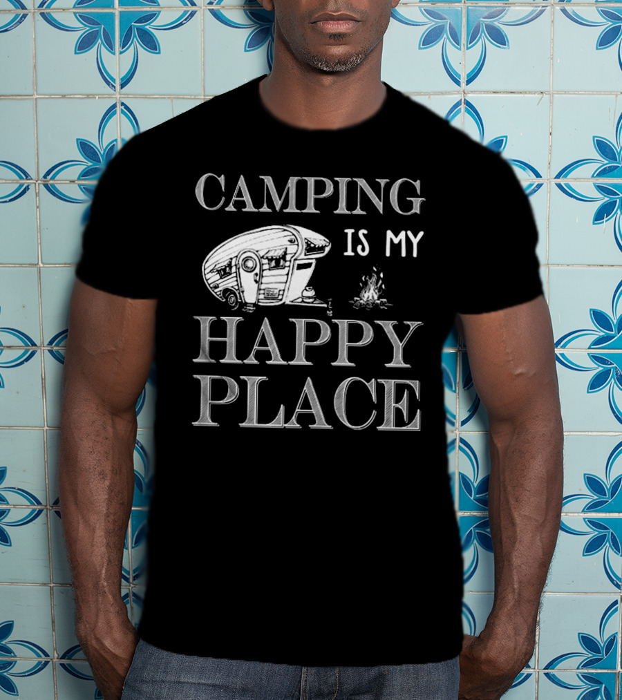 Camping Is My Happy Place With RV And Campfire Scene T-Shirt