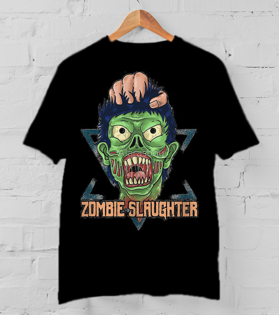 ZOMBIE SLAUGHTER Gruesome Green Undead Face In Hand Triangular Frame T-Shirt