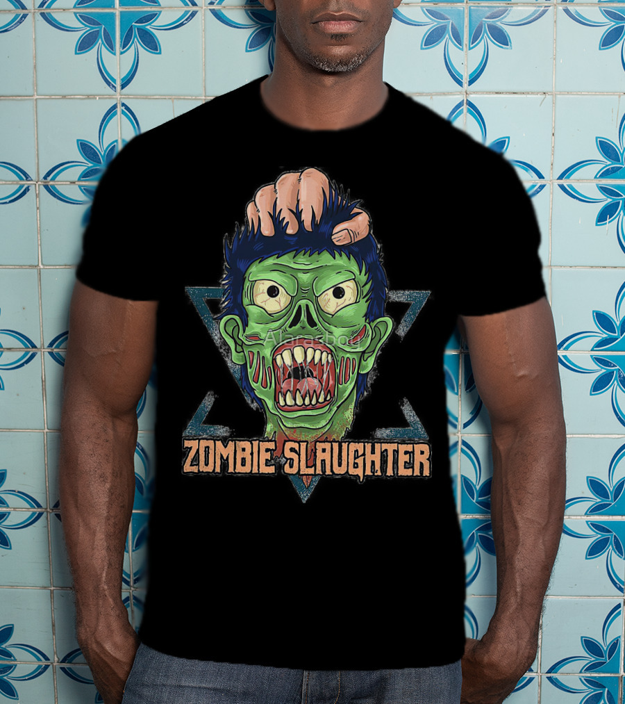 ZOMBIE SLAUGHTER Gruesome Green Undead Face In Hand Triangular Frame T-Shirt