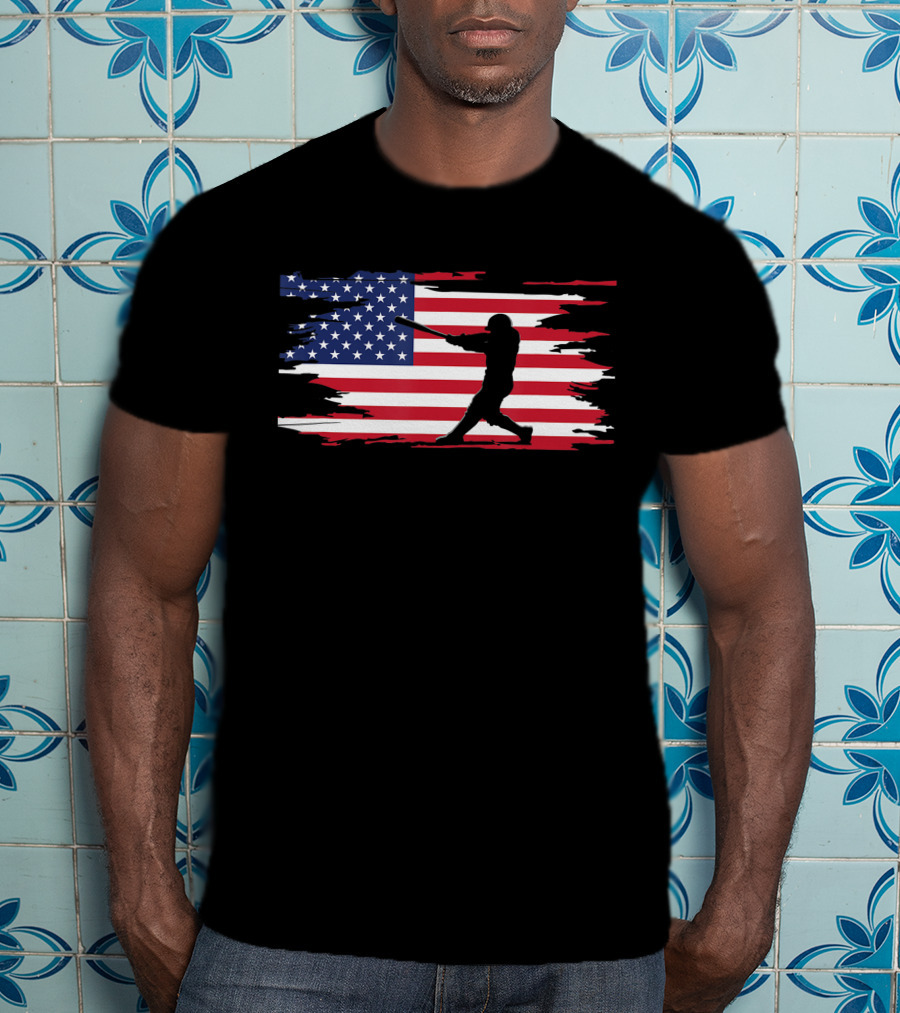 American Flag Baseball Player Silhouette Patriotic Sports T-Shirt