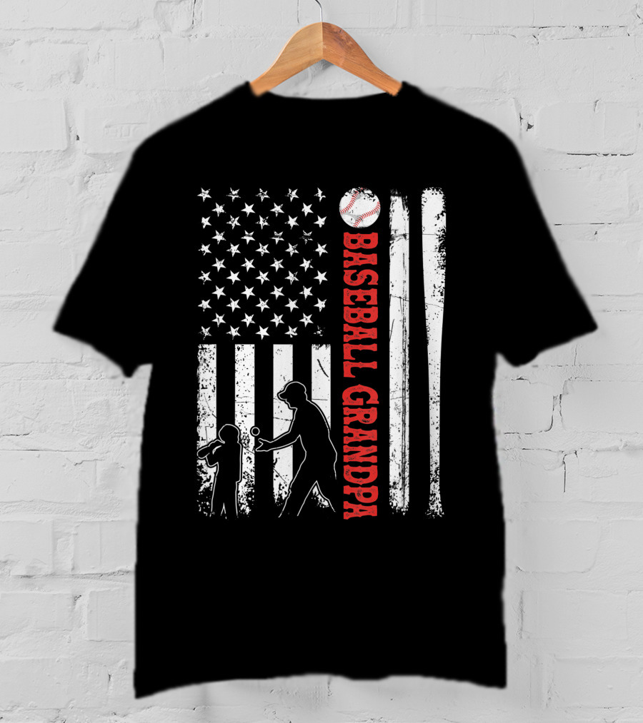 Distressed USA American Flag Baseball Grandpa Silhouette With Bats And Ball T-Shirt
