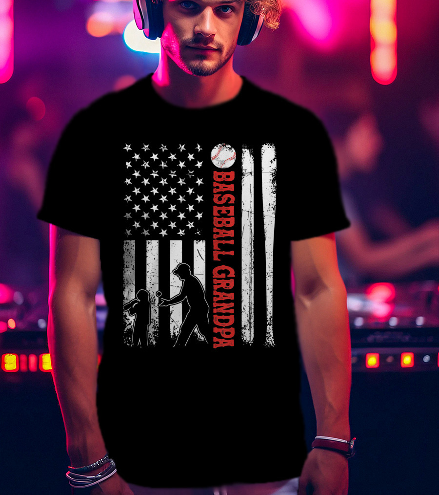 Distressed USA American Flag Baseball Grandpa Silhouette With Bats And Ball T-Shirt