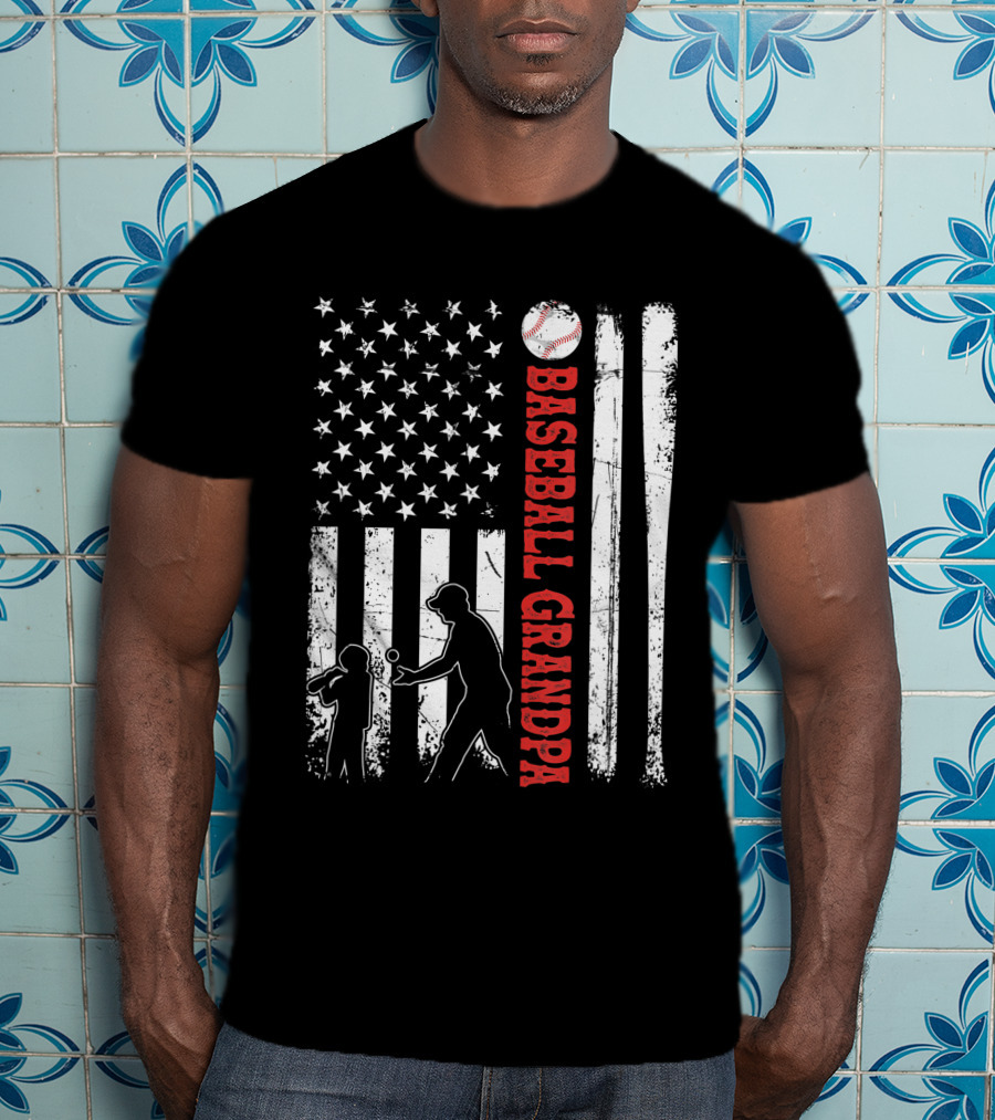 Distressed USA American Flag Baseball Grandpa Silhouette With Bats And Ball T-Shirt