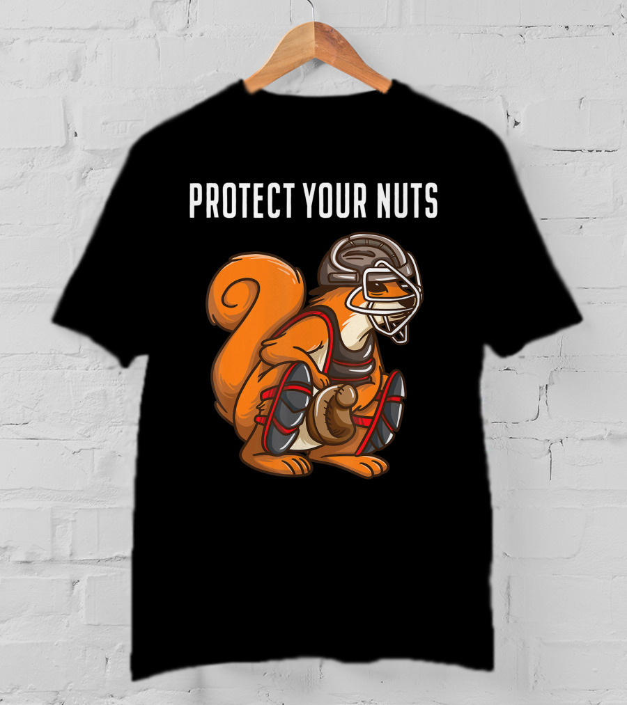 Protect Your Nuts Funny Squirrel Lover Baseball Catcher Animal T-Shirt