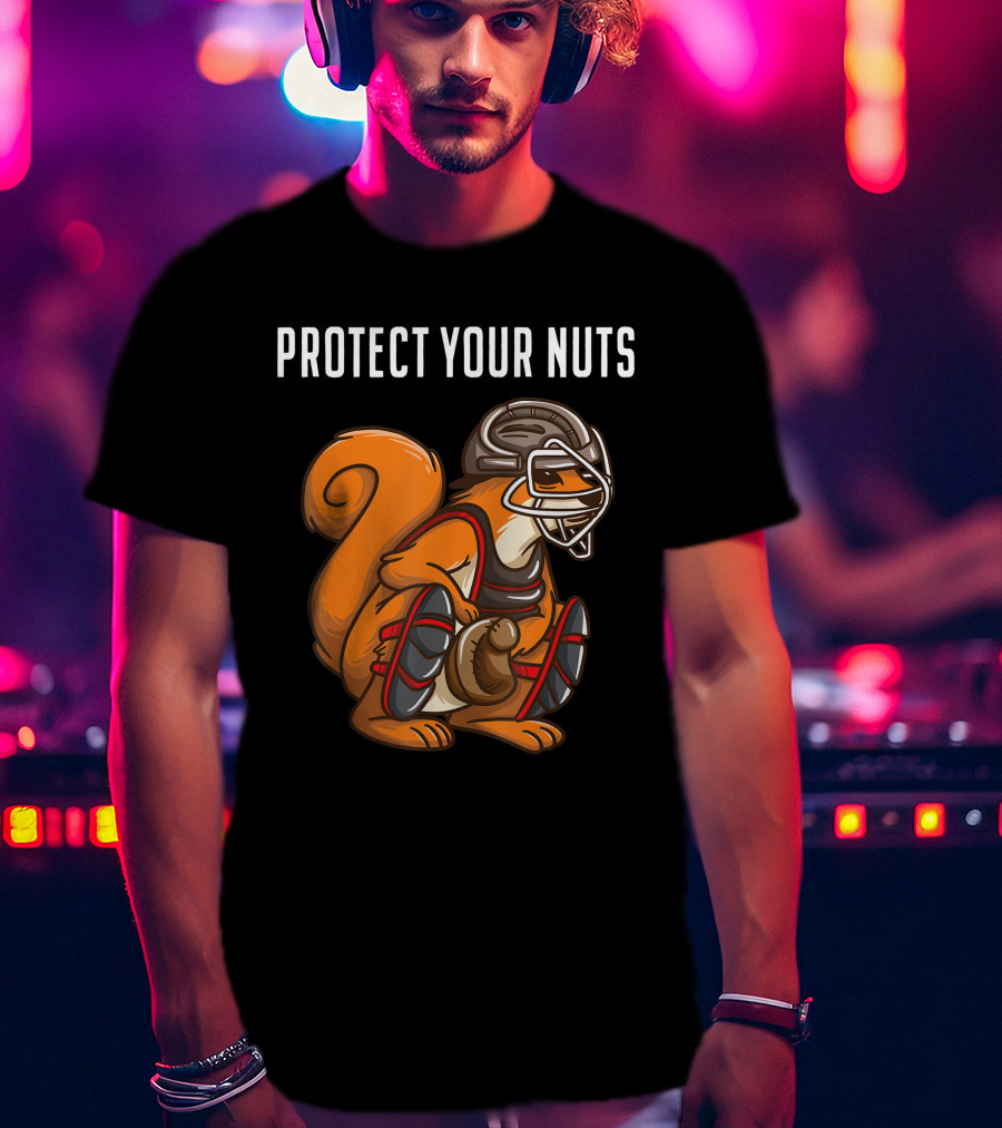 Protect Your Nuts Funny Squirrel Lover Baseball Catcher Animal T-Shirt