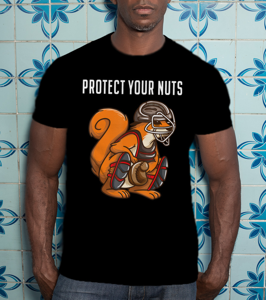 Protect Your Nuts Funny Squirrel Lover Baseball Catcher Animal T-Shirt