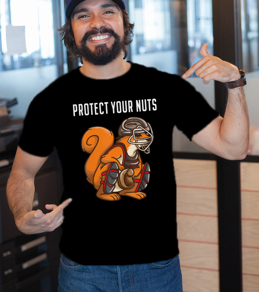 Protect Your Nuts Funny Squirrel Lover Baseball Catcher Animal T-Shirt