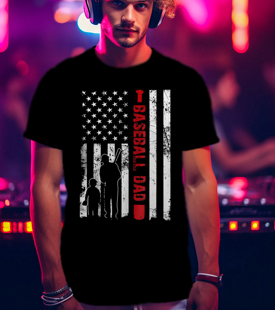 Proud Baseball Dad American Flag Sports T-Shirt