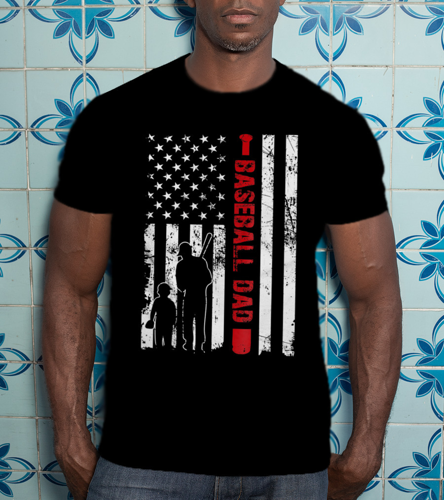 Proud Baseball Dad American Flag Sports T-Shirt