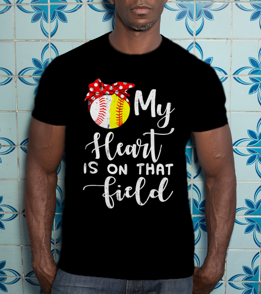 My Heart Is On That Field Baseball Softball Red Polka Dot Bow T-Shirt