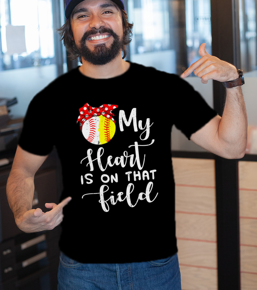 My Heart Is On That Field Baseball Softball Red Polka Dot Bow T-Shirt
