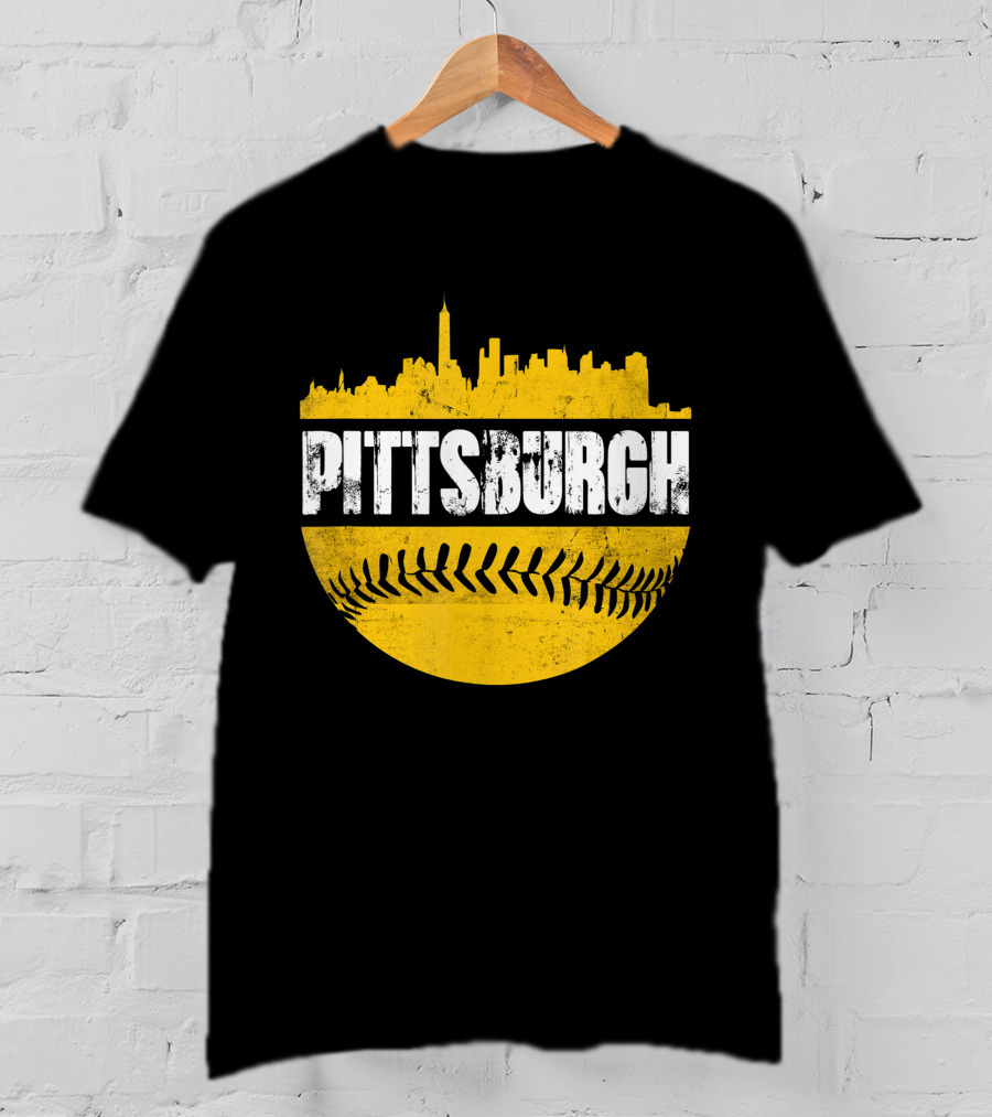 Pittsburgh Baseball Cityscape Distressed Look With Baseball Stitching T-Shirt