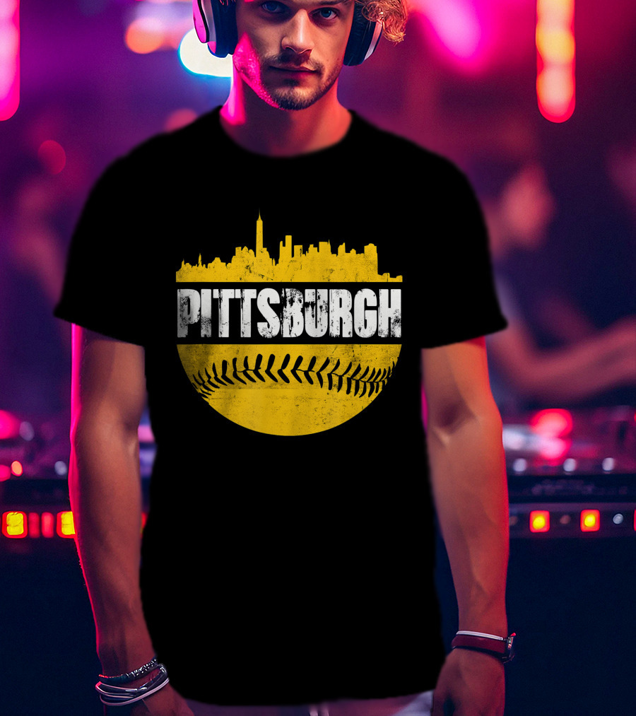 Pittsburgh Baseball Cityscape Distressed Look With Baseball Stitching T-Shirt