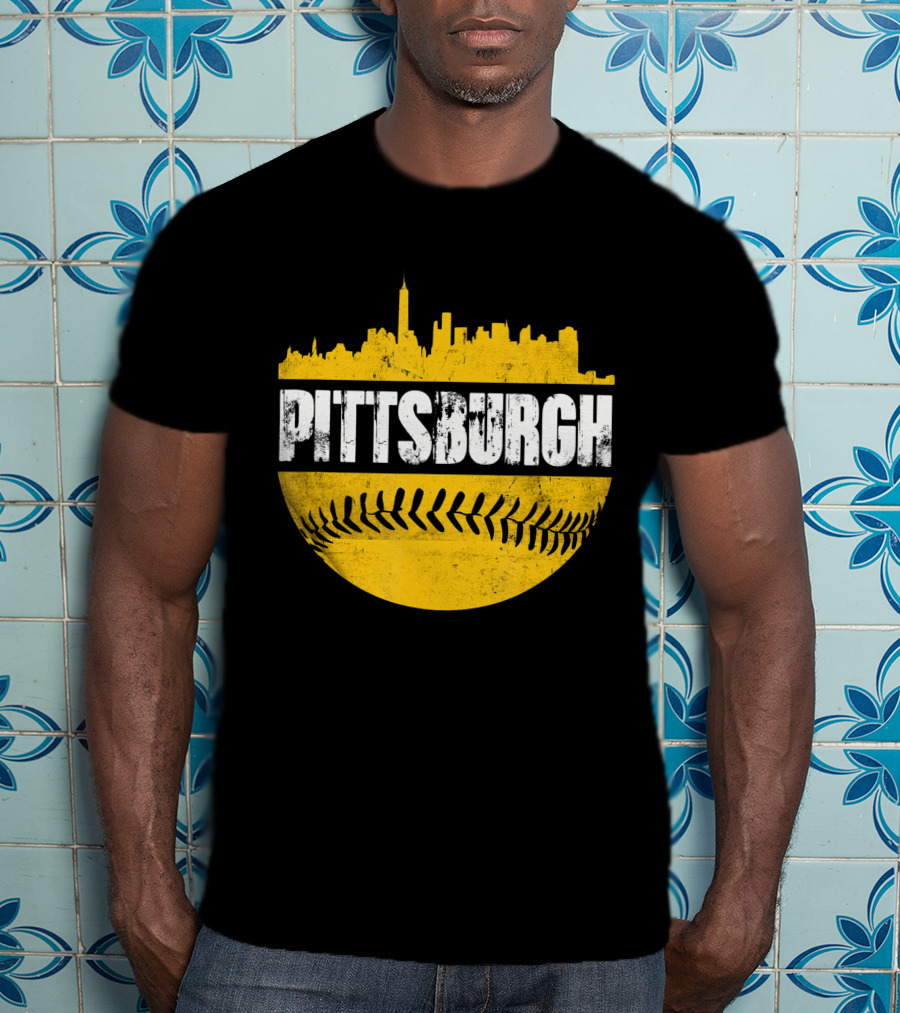 Pittsburgh Baseball Cityscape Distressed Look With Baseball Stitching T-Shirt