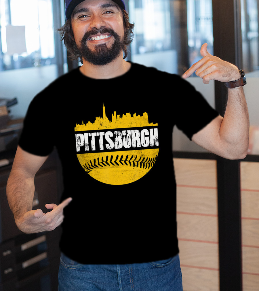 Pittsburgh Baseball Cityscape Distressed Look With Baseball Stitching T-Shirt