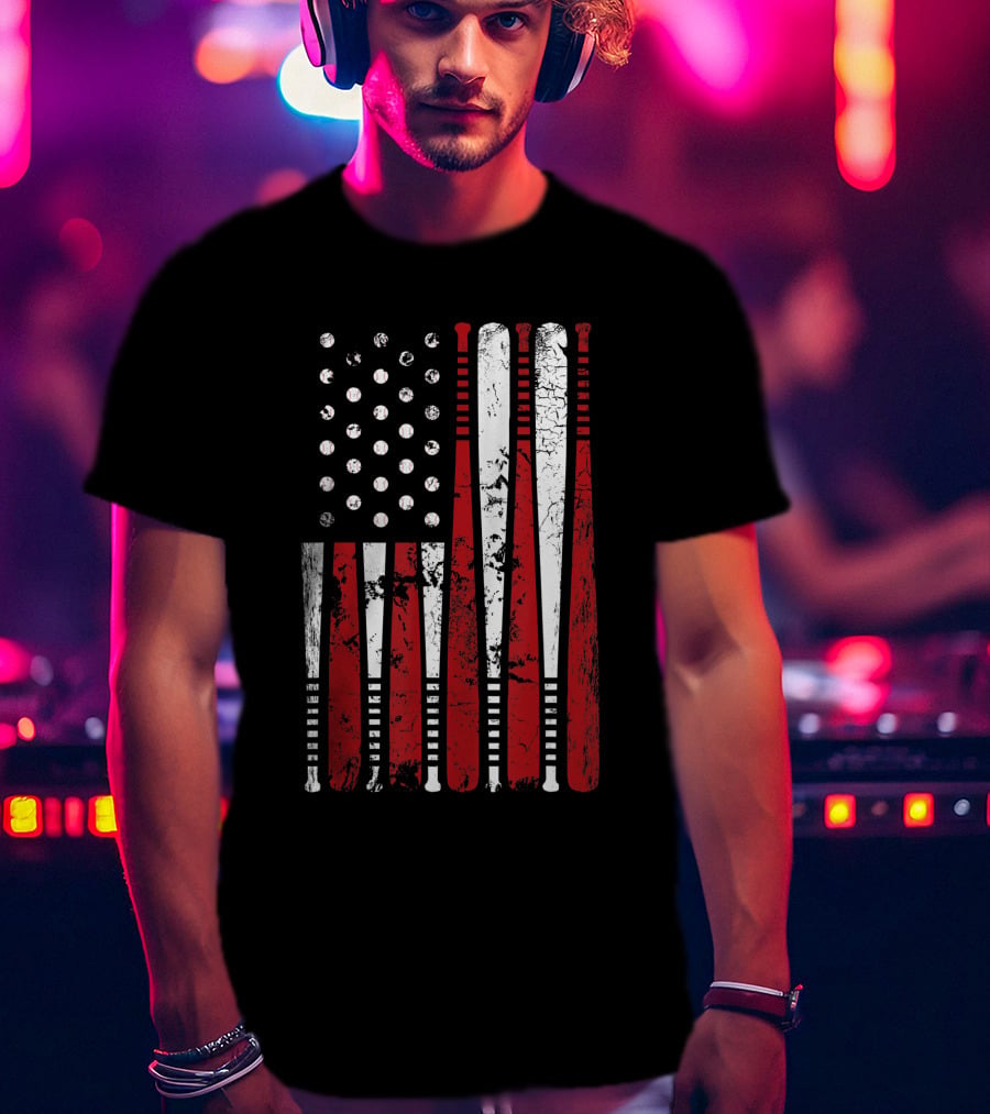 Vintage American Baseball Bat USA Flag T-Shirt