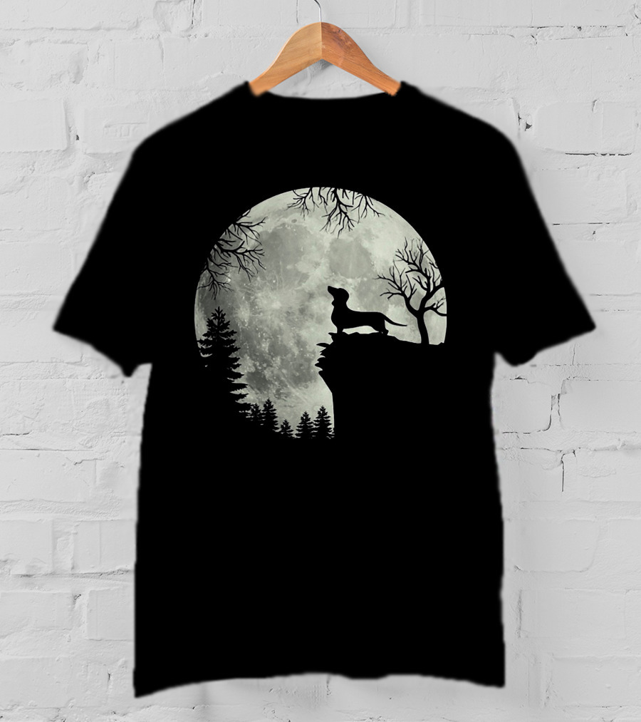 Dachshund Silhouette Howling At Full Moon In Forest Night Scene T-Shirt