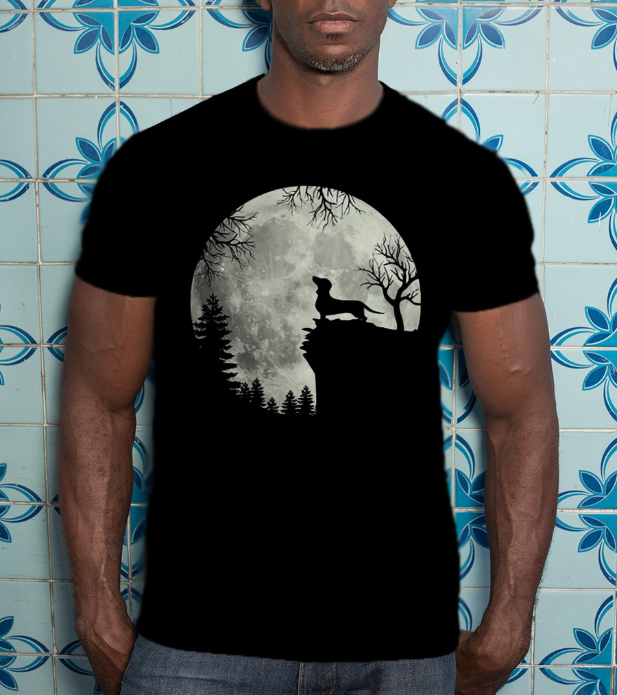 Dachshund Silhouette Howling At Full Moon In Forest Night Scene T-Shirt