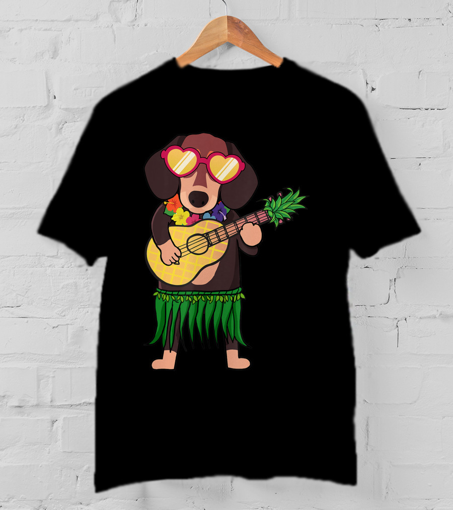 Dachshund Hawaiian Ukulele Player In Summer Costume With Sunglasses T-Shirt
