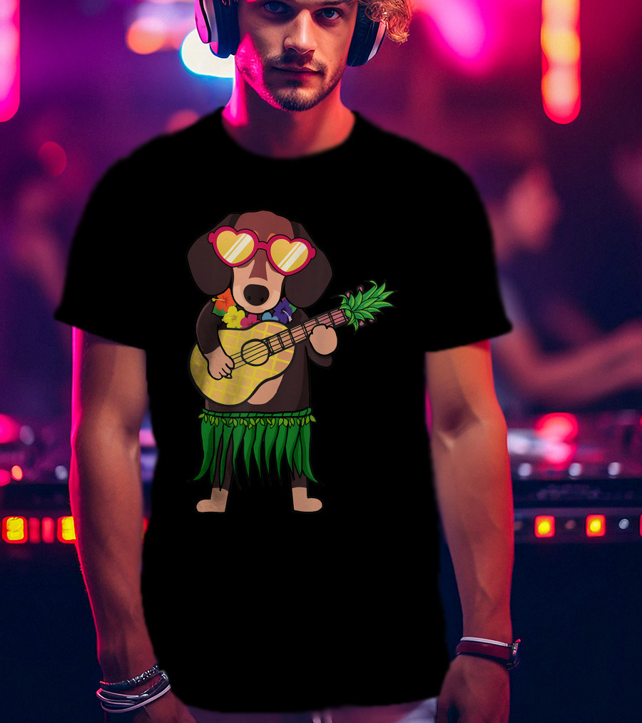 Dachshund Hawaiian Ukulele Player In Summer Costume With Sunglasses T-Shirt