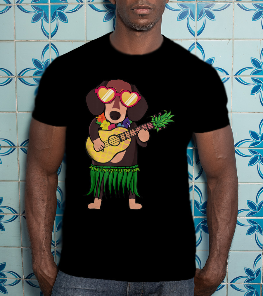 Dachshund Hawaiian Ukulele Player In Summer Costume With Sunglasses T-Shirt