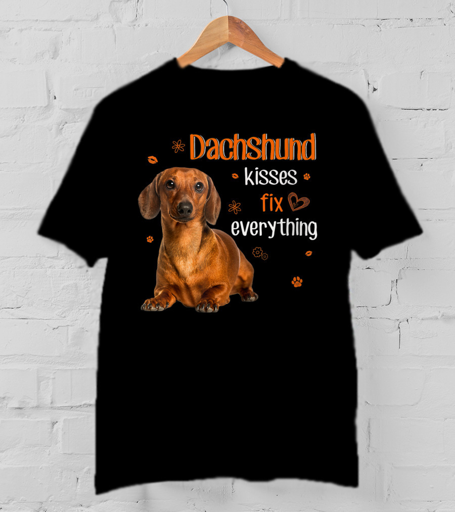Dachshund Kisses Fix Everything Dachshund Lover Orange Paw Prints T-Shirt