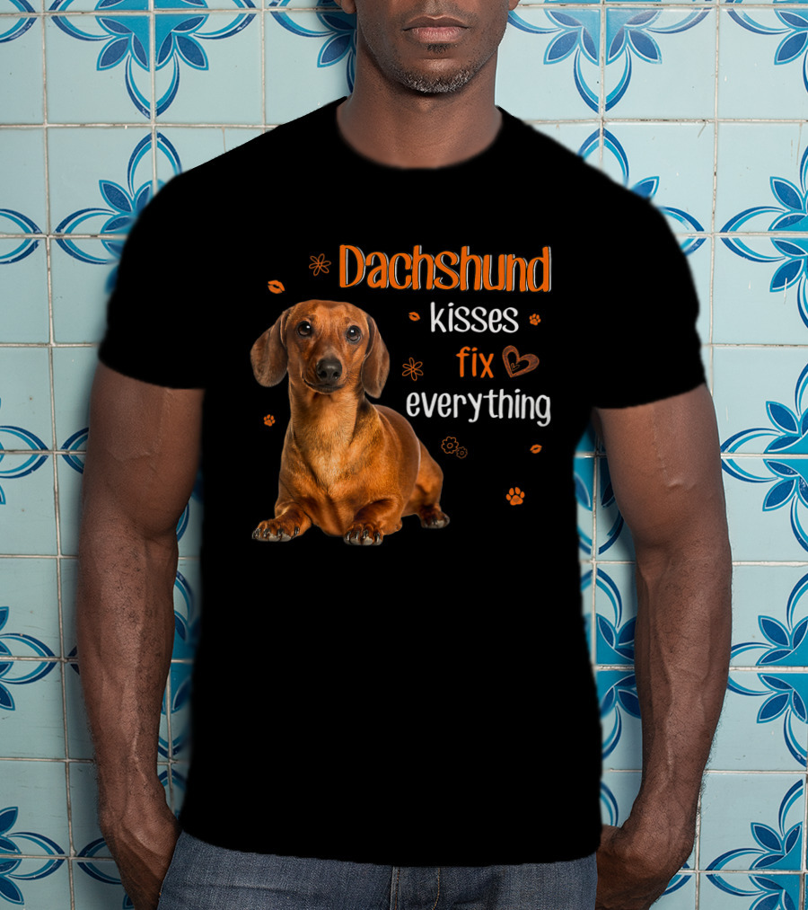 Dachshund Kisses Fix Everything Dachshund Lover Orange Paw Prints T-Shirt