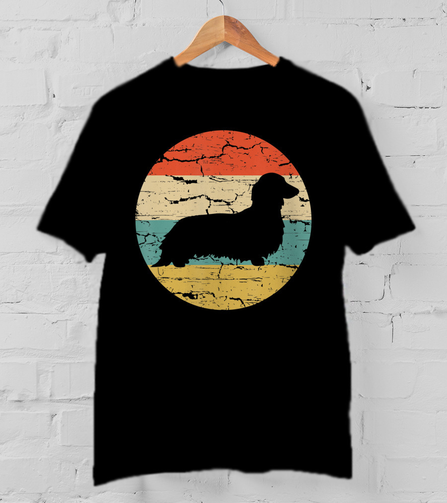 Dachshund Long Haired Dog Vintage Retro Stripes T-Shirt