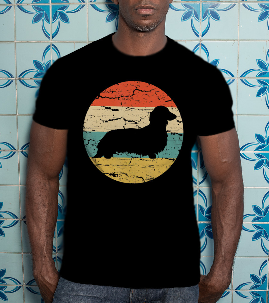 Dachshund Long Haired Dog Vintage Retro Stripes T-Shirt