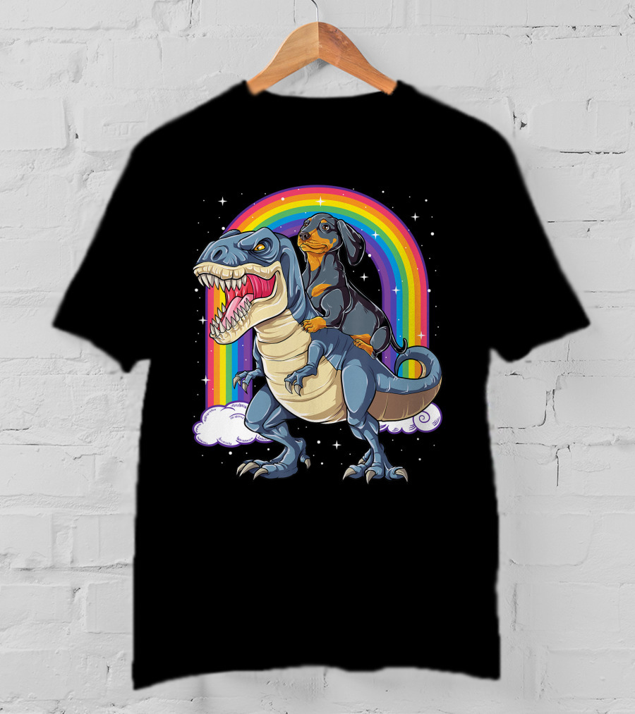Dachshund Riding Dinosaur Rex T-Shirt