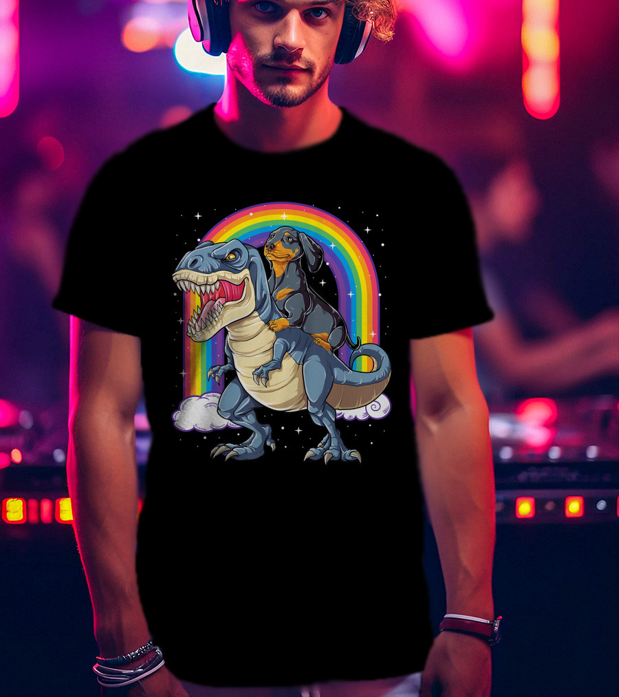 Dachshund Riding Dinosaur Rex T-Shirt