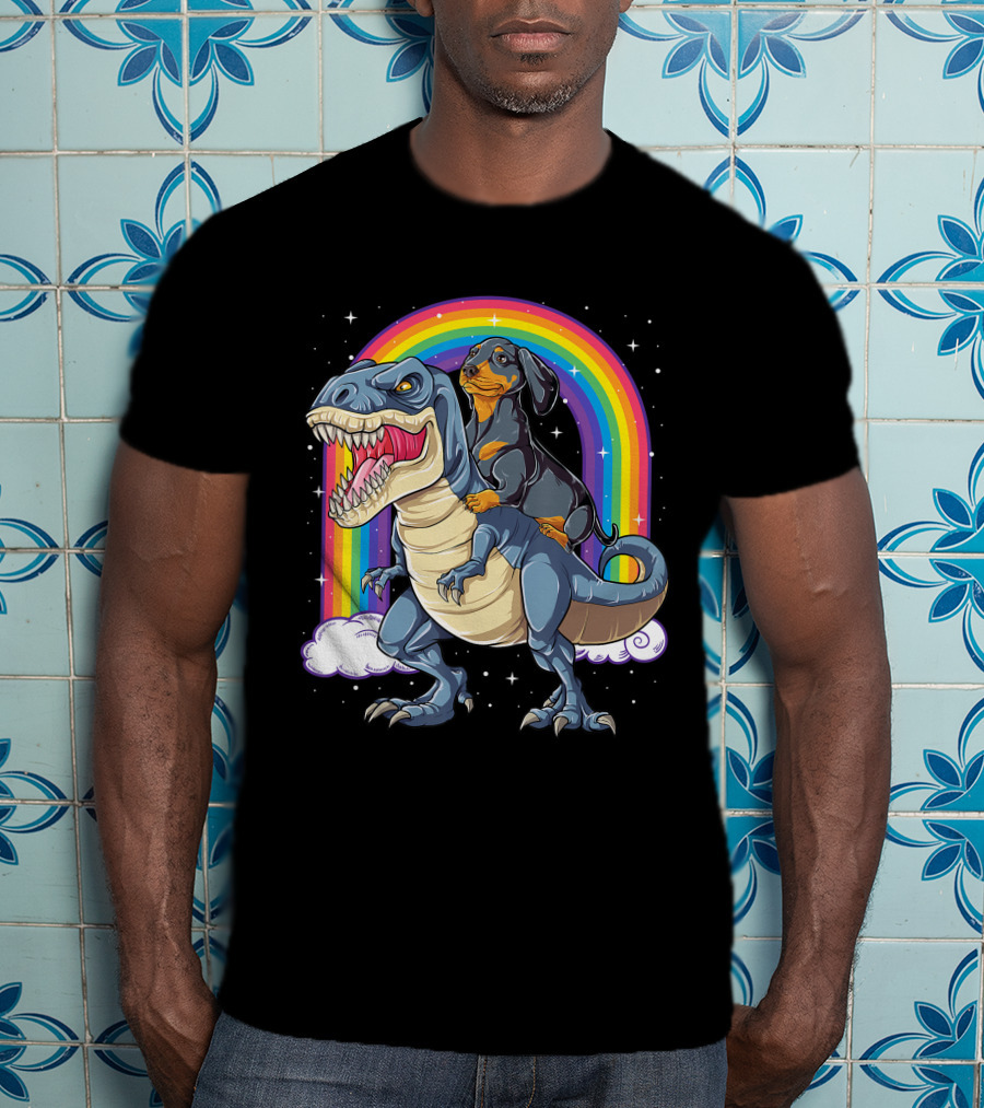 Dachshund Riding Dinosaur Rex T-Shirt