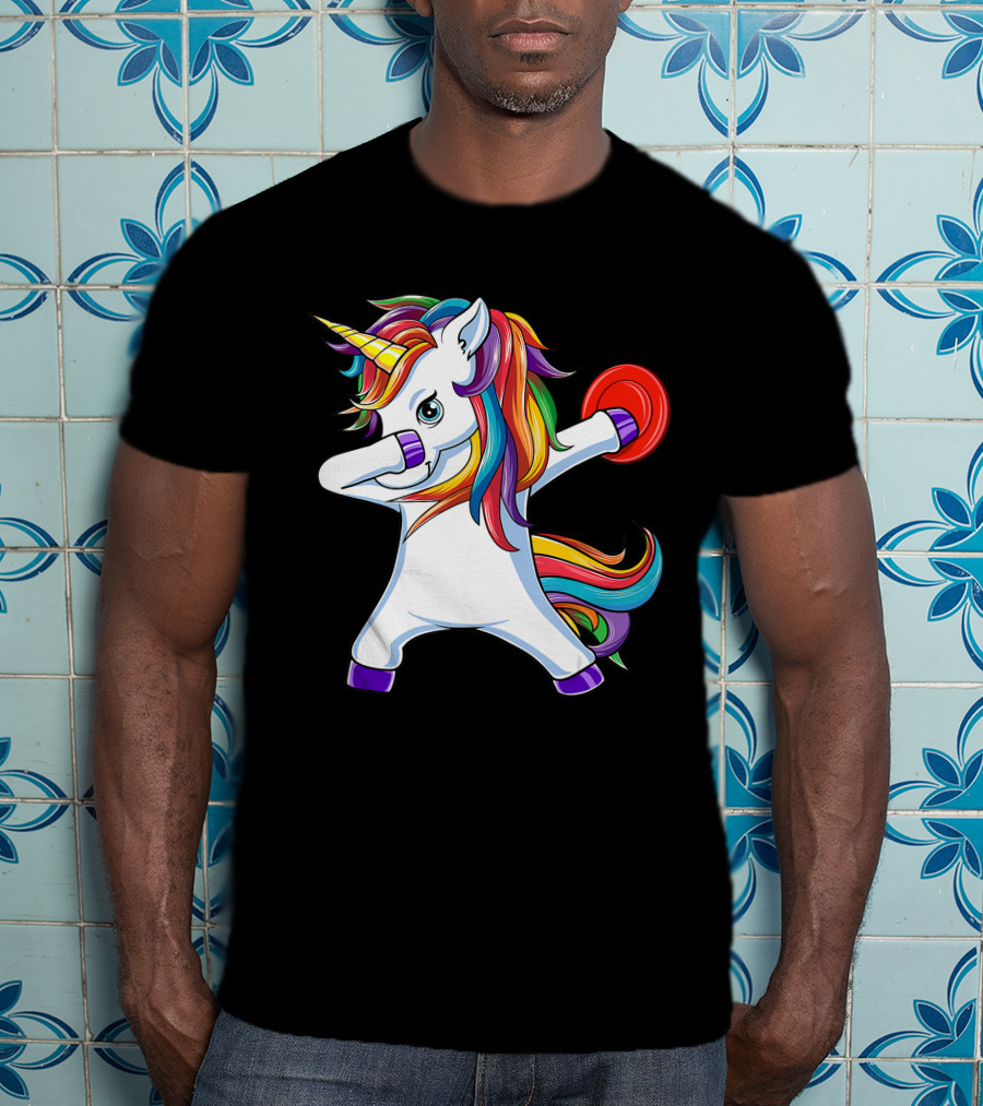 Unicorn Dabbing With Rainbow Mane Playing Disc Golf T-Shirt
