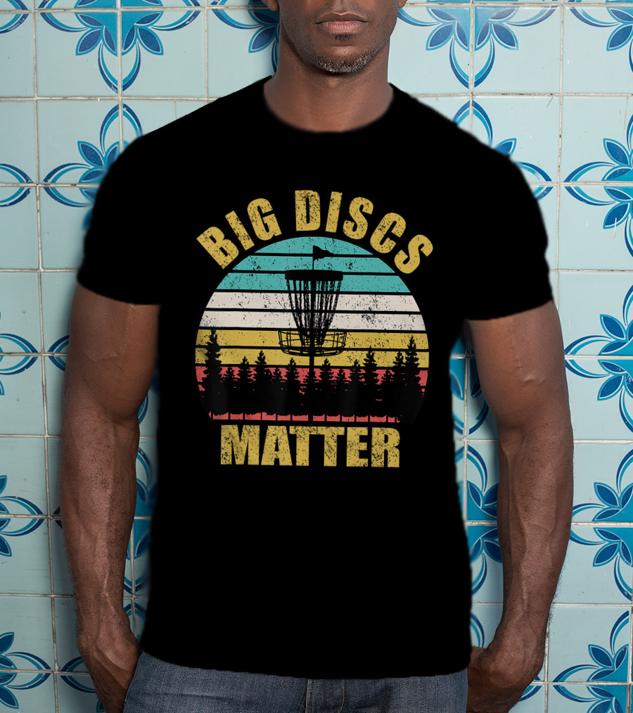 Big Discs Matter Funny Frisbee Golf Retro Sunforest Striped T-Shirt