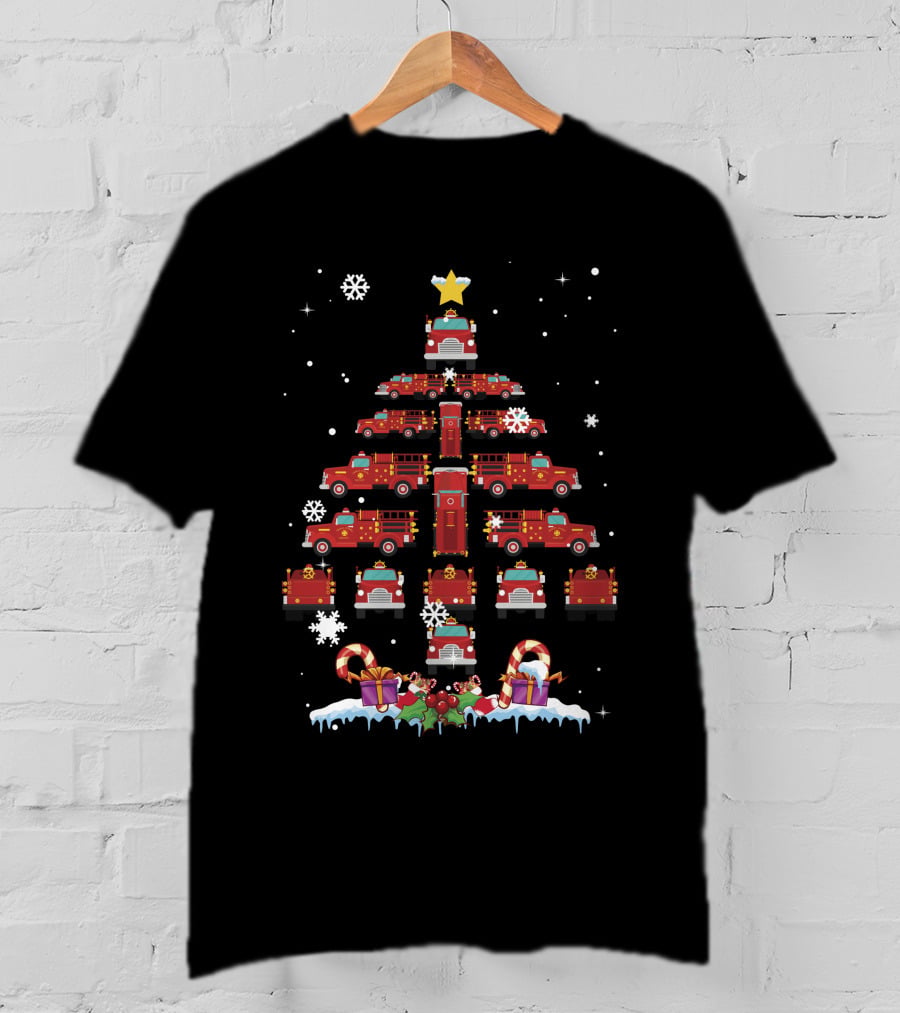 Firefighter Truck Christmas Tree With Snowflakes And Presents T-Shirt