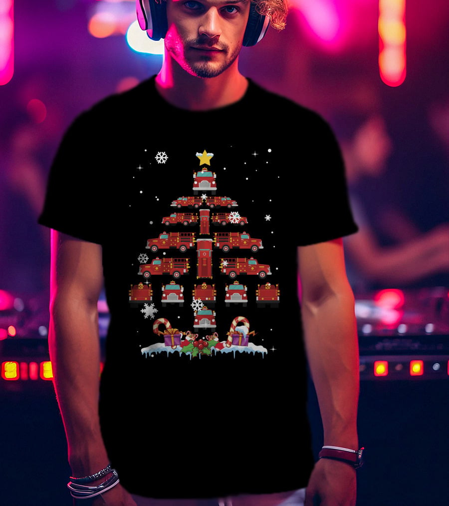 Firefighter Truck Christmas Tree With Snowflakes And Presents T-Shirt