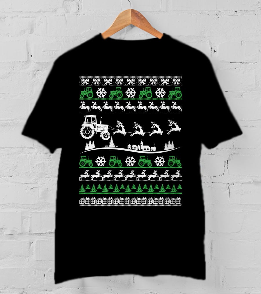 Funny Christmas Farmer Tractor Reindeer Snowflakes Trees T-Shirt